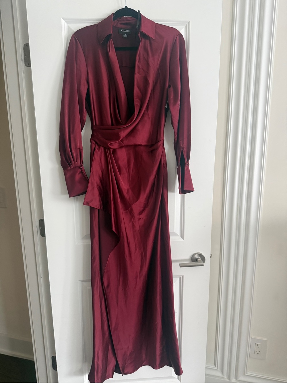 XSCAPE EMERY" SATIN LONG SLEEVE COLLARED DRESS Wrap Satin Shirt Sz 4 color wine - Picture 8 of 12
